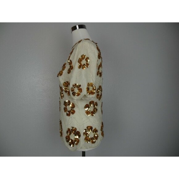 Vintage Stenay Blouse Womans  M 100% Silk Gold Sequin Beaded Top Cream Short Slv - Picture 3 of 12